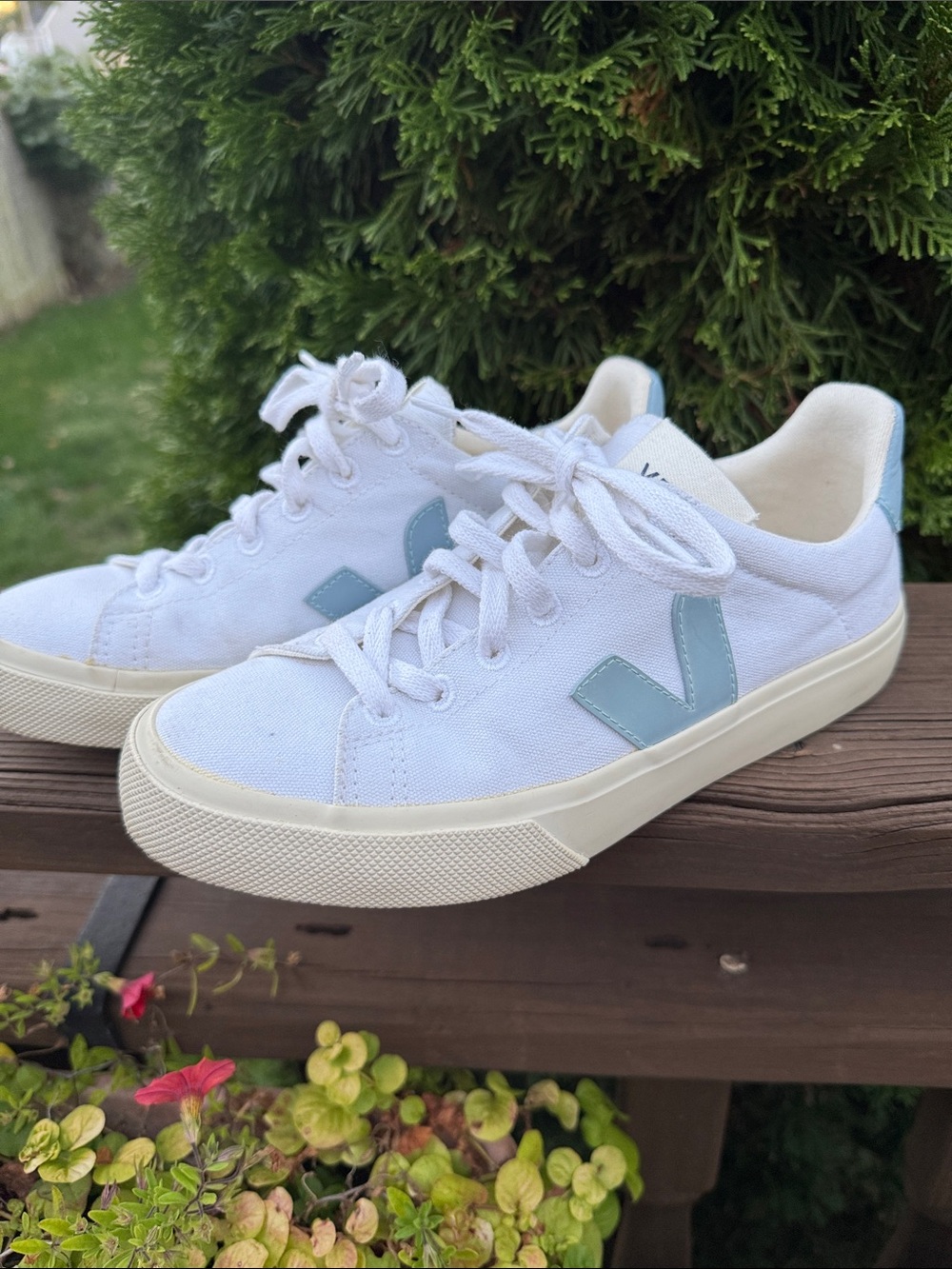 Veja White Canvas Low-Top Sneakers with Light Blue V Accent size 7